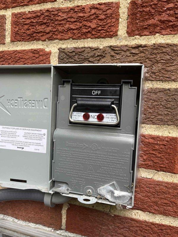 Responded to no cooling complaint on residential air conditioning system installed in June 2025. Upon arrival, found electrical disconnect switch in OFF position at exterior disconnect box mounted on brick wall near condensing unit. Verified main electrical panel circuit breakers were in proper ON position. Switched exterior disconnect to ON position and restored power to air conditioning system. System began operating normally with proper cooling function restored. Advised homeowner on importance of verifying disconnect switch position before requesting service calls, as this is a common oversight that can be easily checked. No mechanical or refrigerant issues identified with equipment.