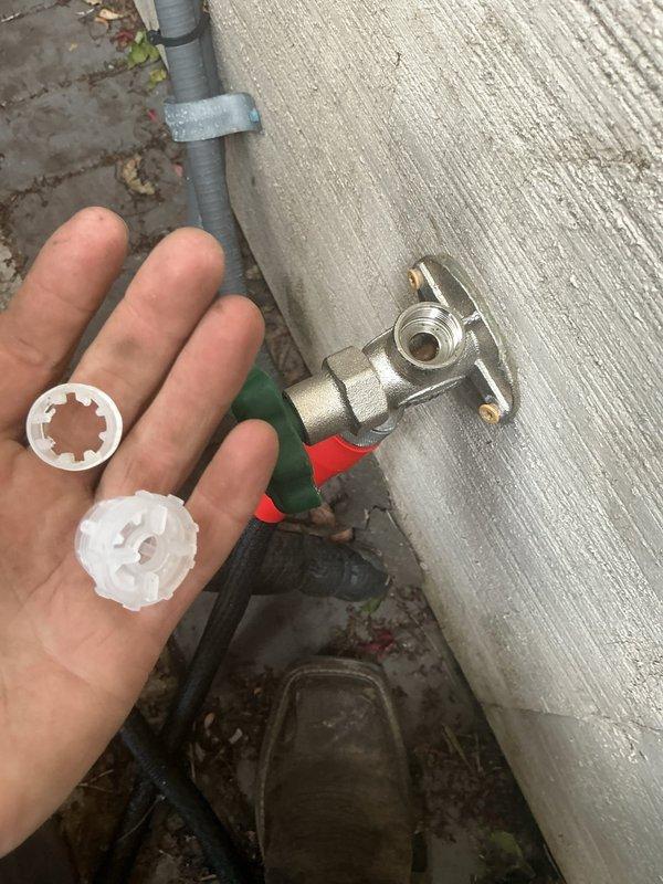 Responded to callback for outdoor hose bibb leaking during operation. Upon inspection, found damaged internal components causing water to spray from valve body when opened. Removed and replaced defective white plastic retention collar and seal assembly. Tested valve operation under full water pressure to verify proper function and confirmed no leaks present.