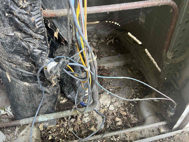 Responded to no cooling complaint with unit blowing hot air. Upon arrival, performed diagnostic inspection of air handler system. Found electrical control panel and blower compartment in poor condition with significant dirt accumulation, debris buildup, and evidence of deferred maintenance. Observed corroded copper refrigerant lines, aged wiring with signs of wear, and dirty blower assembly affecting system performance. Inspected capacitors, electrical connections, and control components within the panel. System showed clear indication of lack of regular preventative maintenance contributing to current failure. Recommended comprehensive cleaning, electrical component evaluation, and full system assessment to restore proper cooling operation.