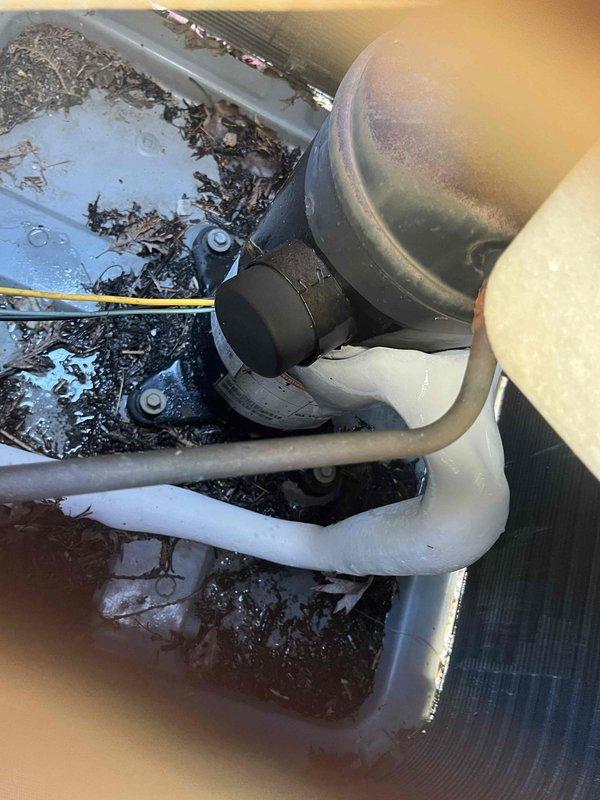 Responded to no cooling complaint on Weathermaker 9200 system circulating lukewarm air. Upon inspection, discovered severely clogged condensate drain pan with extensive organic debris accumulation, decomposed vegetation, and standing water with black sludge. Condensate pump assembly showed heavy rust corrosion throughout cylindrical housing. Float switch mechanism was compromised by debris obstruction. Thoroughly cleaned drain pan, removed all organic matter and sediment buildup, cleared condensate drain lines, and verified proper drainage flow. Replaced corroded condensate pump assembly and tested float switch operation. Confirmed system returned to normal cooling operation with proper condensate removal functionality restored.
