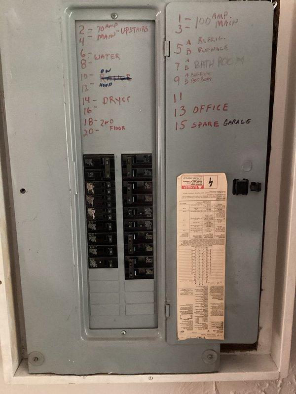 Conducted site assessment for complete HVAC system replacement involving removal of existing aged furnace and installation of new furnace with whole-house air conditioning system where no AC currently exists. Evaluated electrical panel capacity and circuit availability to accommodate new AC unit requirements, photographed existing breaker configuration showing current system loads. Inspected mechanical room layout, ductwork infrastructure, and available space for new equipment installation to develop comprehensive replacement estimate.