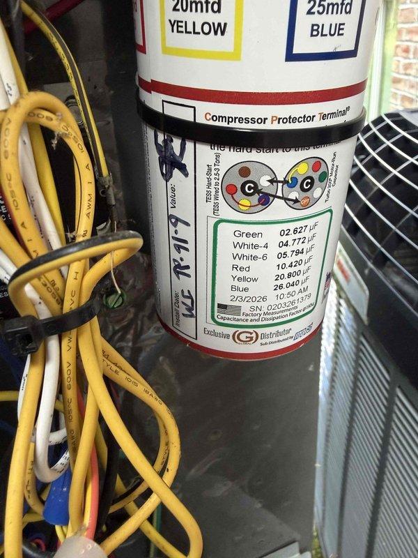 Responded to no cooling complaint on air conditioning system. Upon arrival, diagnosed failed dual-run capacitor serving the compressor and condenser fan motor. Tested capacitor with multimeter, confirming zero microfarad reading on both the 20mfd and 25mfd sections. Replaced defective capacitor with new dual-run capacitor rated at 20/25mfd per manufacturer specifications. Verified proper electrical connections, tested system operation, and confirmed unit returned to normal cooling function.