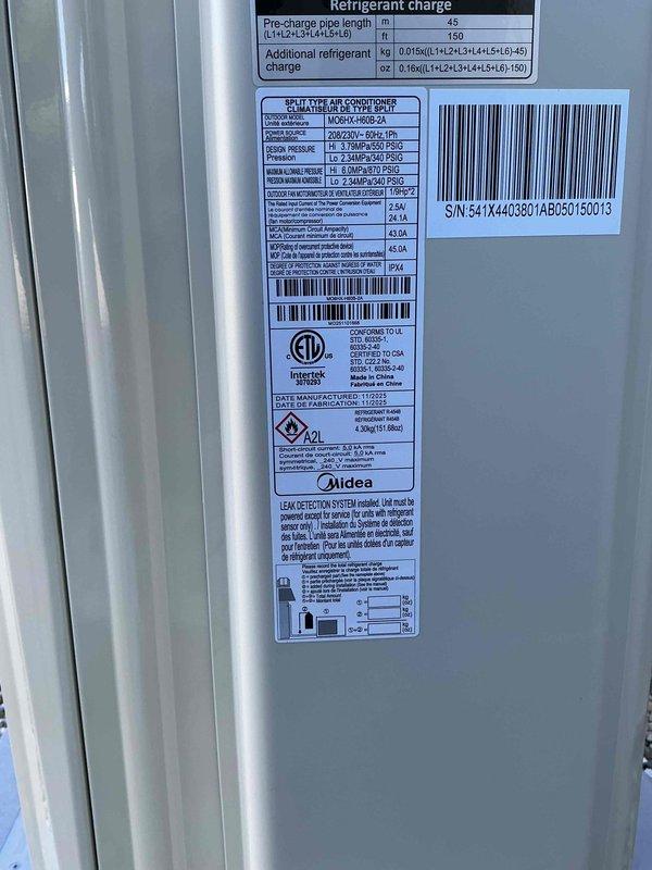 Completed installation of Midea mini-split HVAC system. Mounted indoor air handler unit to interior wall using manufacturer-provided bracket with integrated leveling system, verified proper alignment and secure attachment. Connected refrigerant lines, electrical wiring, and condensate drain per manufacturer specifications, documented equipment serial number and technical data for warranty registration.