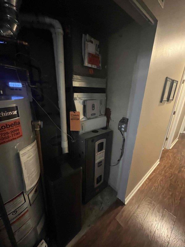Returned to property to complete Phase 2 of furnace installation following foundation slab repair work. Two technicians reinstalled the vertical HVAC system stack in the utility closet, reconnecting all necessary components including the furnace unit, air handler, and associated ductwork. Performed complete system start-up procedures, verified proper operation of all mechanical components including blower assembly, tested electrical connections, and confirmed adequate airflow throughout the system.