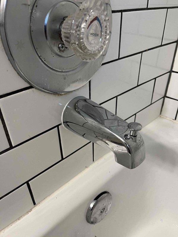 Cleared clogged tub drain by removing accumulated debris and buildup from the drain assembly. Additionally, replaced the worn shower diverter on the Moen tub and shower fixture to restore proper water flow control between the tub spout and showerhead.