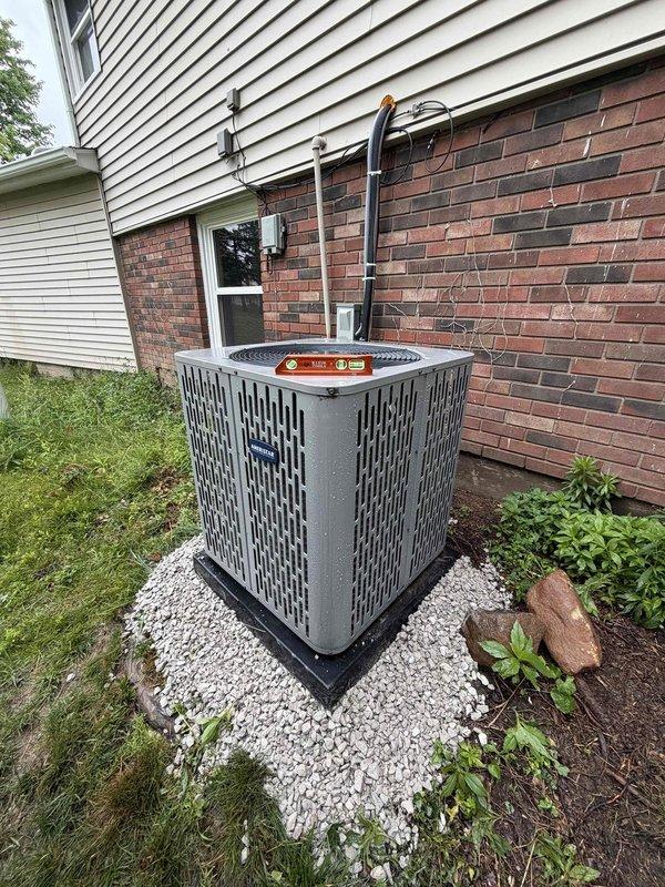 Completed follow-up service call for previously sold repair work on residential condensing unit. Verified outdoor air conditioning unit installation and proper leveling of equipment on composite pad. Confirmed refrigerant line insulation, electrical connections, and conduit mounting were secure and properly installed. Unit positioned correctly on gravel bed with adequate clearance from structure. All components functioning as intended with no issues identified during inspection.