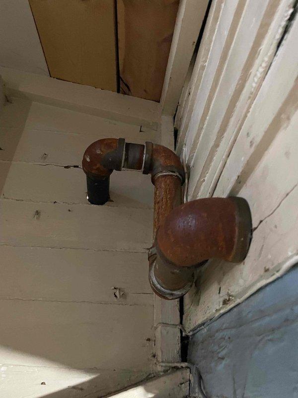 Responded to gas service shutoff initiated by Enbridge due to detected leak. Upon inspection, identified severely corroded gas piping system with visible rust and oxidation throughout multiple pipe sections, fittings, and connections. The compromised piping exhibited extensive surface deterioration requiring immediate attention to restore safe gas service to the property.