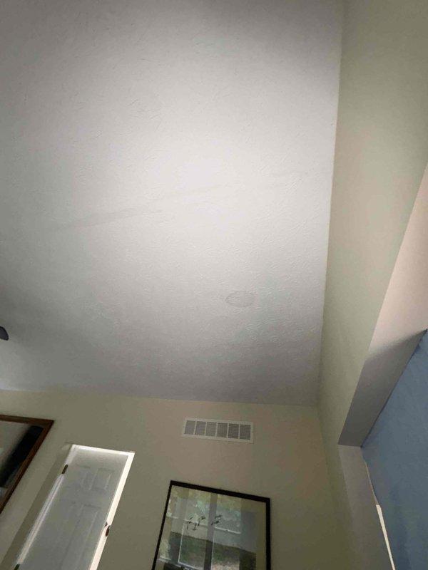 Responded to a water leak complaint originating from a bathtub drain that was causing water damage to the ceiling below. Upon inspection, examined the bathroom plumbing fixtures including the shower head assembly and surrounding areas to identify the source of the leak. Documented the condition of the existing chrome shower fixture showing signs of wear and potential seal deterioration at connection points, and assessed the ceiling damage in the affected room below where water intrusion was evident.
