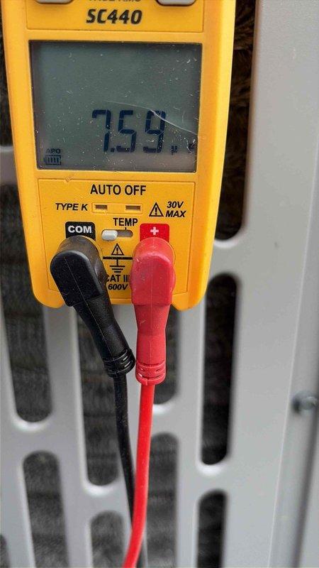 Completed scheduled cooling maintenance member visit on HVAC system. Performed temperature diagnostics using digital multimeter, recording supply air temperature of 45.33°F and return air temperature of 75.9°F, indicating proper system operation and adequate temperature split for cooling mode. System operating within normal parameters with no issues identified during inspection.