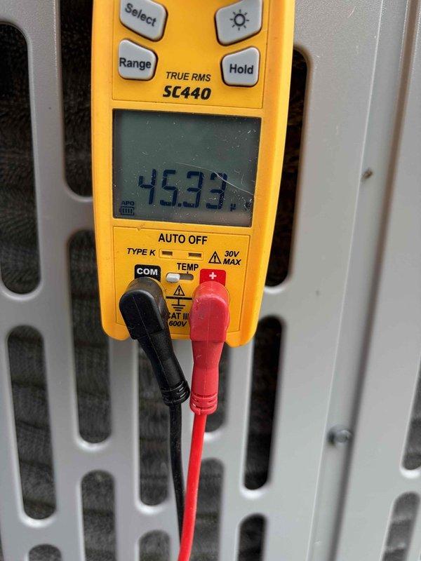 Completed scheduled cooling maintenance member visit on HVAC system. Performed temperature diagnostics using digital multimeter, recording supply air temperature of 45.33°F and return air temperature of 75.9°F, indicating proper system operation and adequate temperature split for cooling mode. System operating within normal parameters with no issues identified during inspection.