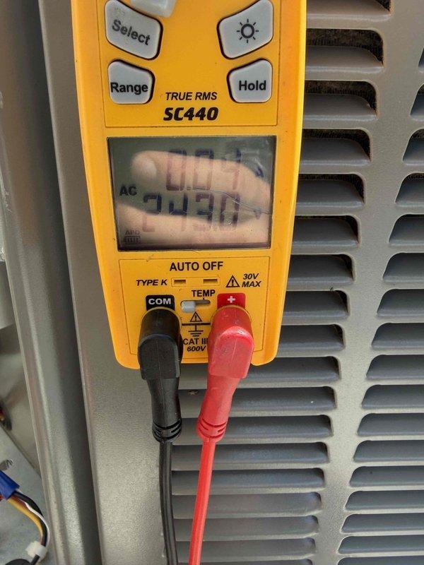 Completed routine HVAC maintenance and system diagnostics. Performed electrical measurements using digital multimeter, recording voltage and amperage readings to verify proper system operation and electrical component performance. Unit operating within normal parameters. All diagnostic photos documented for service records.