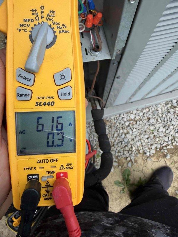 Completed cooling maintenance for club member on air handler unit. Performed electrical diagnostics using digital multimeter, verifying system amperage draw at 6.16 amps and voltage supply at 242.0 volts AC. All electrical readings within manufacturer specifications. Inspected condenser unit components and verified proper operation. System operating efficiently with no deficiencies noted.