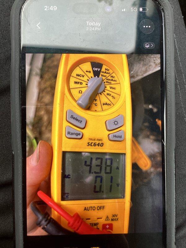Completed spring tune-up and preventive maintenance on six-year-old residential air conditioning system. Performed comprehensive system inspection including electrical measurements using digital multimeter, recording amperage draw of 4.38 amps and voltage reading of 01.1 volts at time of testing. Calculated and verified system performance parameters to ensure proper operation. System found to be operating within normal specifications with no deficiencies noted at time of service.