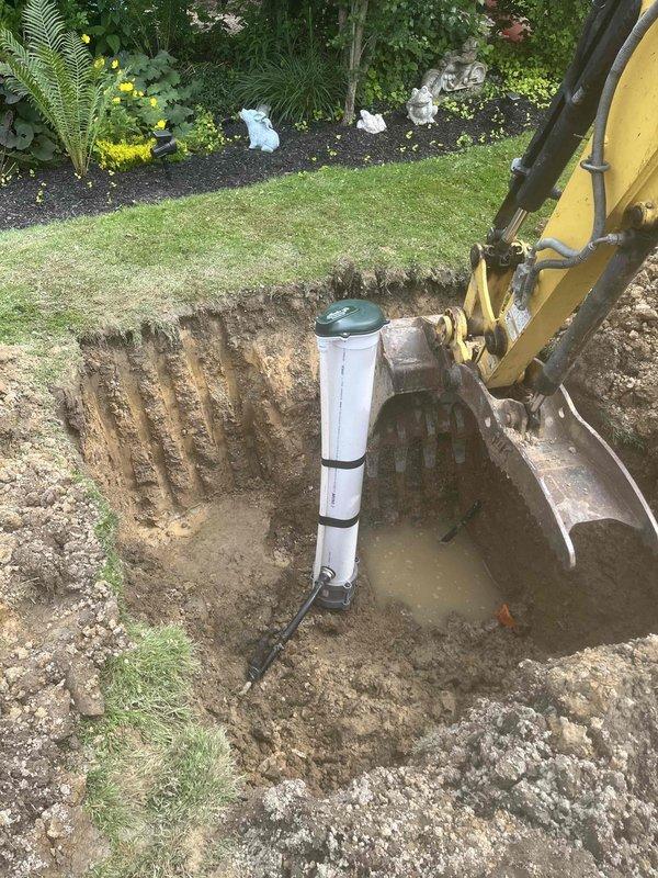 Completed installation of new well casing riser and pitless adapter assembly as previously sold. Excavated access trench to existing well system, removed old components, and installed white PVC riser pipe with proper coupling to underground water line. Secured new casing with mounting straps and backfilled excavation site upon completion of installation and system verification.