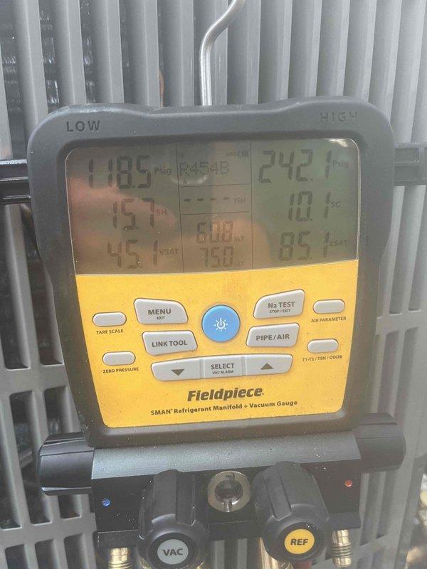 Completed full HVAC system installation with comprehensive system testing and verification. Performed humidity measurements confirming proper indoor air quality levels, and conducted refrigerant charge verification using manifold gauges to ensure optimal system pressures and temperatures across both low and high sides. All equipment operating within manufacturer specifications, and customer received full payment settlement upon successful completion.