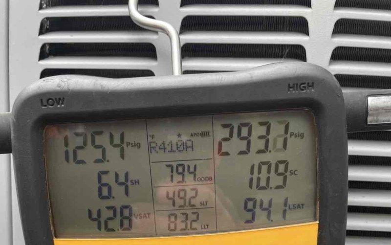 Completed cooling maintenance for club member. Performed comprehensive system diagnostics using digital manifold gauges and clamp meter to verify operating pressures, superheat, subcooling, and electrical parameters. System readings showed 125.4 psig suction pressure with 6.4°F superheat and 293.2 psig discharge pressure with 10.9°F subcooling, indicating proper refrigerant charge and system operation. Inspected evaporator coil and heat exchanger components, confirming fins are clean and in good condition with no visible damage or restrictions to airflow.