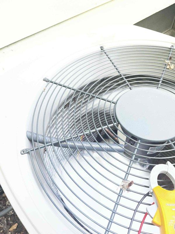 Responded to no-cooling call where outdoor fan was running but compressor failed to engage. Upon inspection, discovered electrical disconnect at meter box in OFF position. Restored power to condensing unit, verified compressor operation, and confirmed system cooling properly.