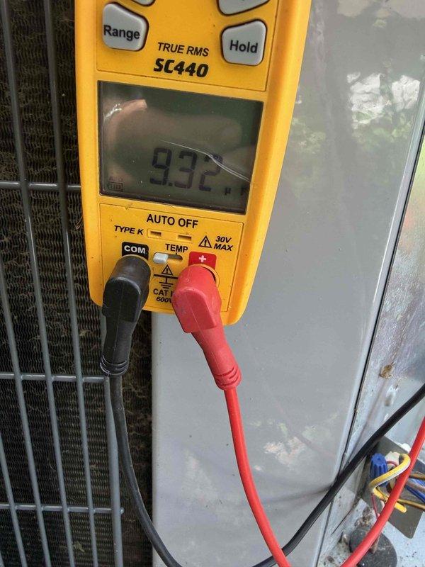 Responded to no cooling complaint on 6-year-old residential air conditioning system. Upon arrival, confirmed unit was running but delivering warm air with no temperature reduction. Performed diagnostic testing using digital multimeter to measure electrical values and system parameters, reading 932 on initial assessment. Inspected outdoor disconnect switch and verified proper electrical supply to condensing unit. Identified system malfunction preventing proper cooling operation and addressed the issue to restore normal function.