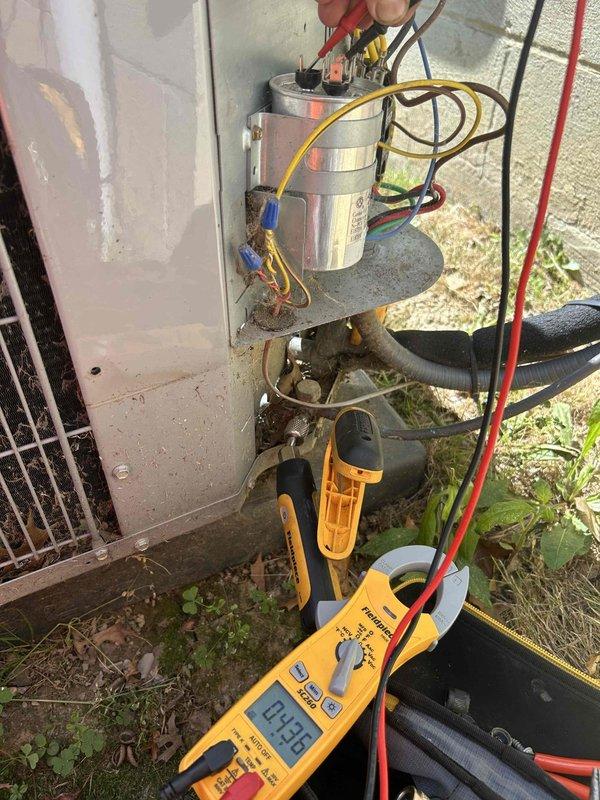 Responded to no cooling complaint on 6-year-old air conditioning system. Upon arrival, confirmed unit was blowing warm air with supply temperature reading 54°F, indicating insufficient cooling. Performed diagnostic testing on outdoor unit components using digital multimeter to check electrical values. Testing revealed failed dual run capacitor with readings outside manufacturer specifications. Replaced defective capacitor with proper OEM replacement, reconnected all terminal wiring, and verified secure connections. Cycled system through complete cooling cycle and confirmed proper operation with appropriate temperature differential and compressor amperage within normal range.