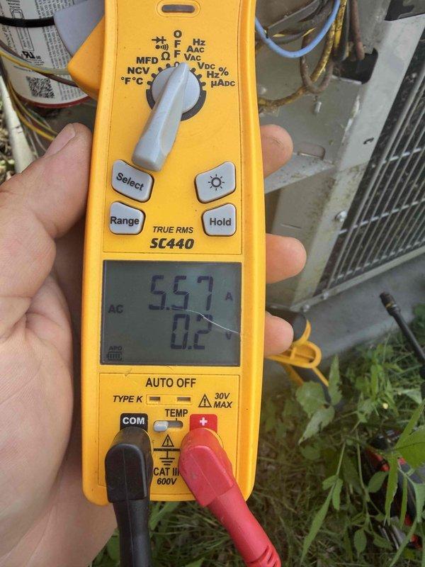Responded to no cooling complaint on residential air conditioning system. Upon arrival, performed diagnostic testing of electrical components using digital multimeter at both indoor air handler and outdoor condensing unit. Measured voltage, amperage, and capacitance readings to assess system performance and identify root cause of insufficient cooling. System evaluated and measurements documented for proper operation of HVAC equipment.