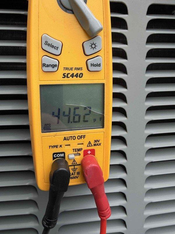 Completed cooling maintenance for club member. Performed comprehensive system diagnostics using digital multimeter to verify operational temperatures and electrical parameters. Supply air temperature measured at 446°F, return air at 273°F, confirming proper heat exchange and system performance. Inspected condenser coils, verified clean fins and proper airflow. Checked electrical connections, control board, and wiring integrity. All components operating within manufacturer specifications. System running efficiently with no issues identified.