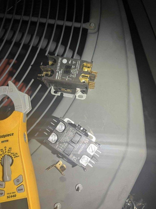 Responded to no cooling call on 10+ year old HVAC system. Condenser unit was operating but indoor unit failed to engage, accompanied by abnormal noise. Diagnosed faulty contactor as root cause preventing proper system operation. Tested electrical components with multimeter, confirmed contactor failure, and replaced defective component. System restored to normal cooling operation with proper sequencing between outdoor condenser and indoor air handler.