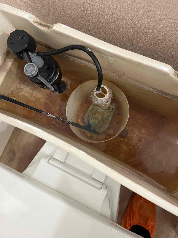 Completed prepaid club maintenance visit and performed plumbing system inspection. Examined toilet tank components and documented significant water discoloration with brownish tint and substantial mineral deposits throughout tank interior. Fill valve, flush valve assembly, and associated hardware were inspected and photographed showing functional operation but evidence of hard water conditions affecting the system. No tankless water heater present at property.
