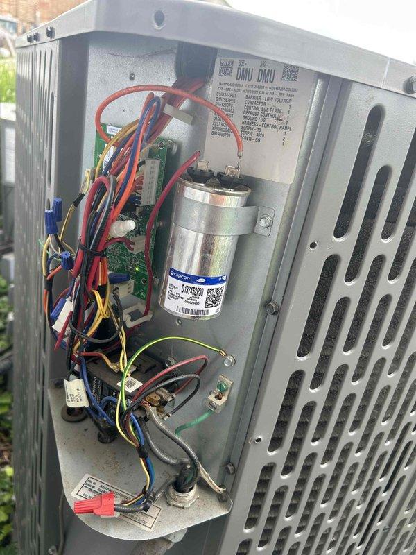 Returned to complete warranty fan motor replacement after parts arrived. Accessed outdoor condensing unit, removed access panel, and replaced defective fan motor with new OEM component. Verified all electrical connections to capacitor, contactor, and control board. Inspected compressor, refrigerant lines, and condenser coil during service—noted normal oxidation on copper tubing and minor surface rust on base plate consistent with outdoor unit operation. Tested system operation, confirmed proper fan motor function and airflow through condenser coil. Unit operating within normal parameters upon completion.