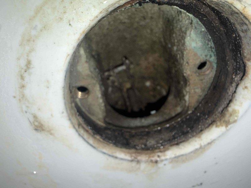 Responded to emergency plumbing call for shower drain blockage and toilet squealing issue. Upon inspection, found severely corroded bathtub overflow plate and drain assembly with heavy mineral buildup and deterioration affecting drainage. Cleared obstruction from shower drain line, removed and cleaned corroded overflow cover showing significant chrome plating failure and rust accumulation. Addressed toilet fill valve issue causing squealing noise during flush cycle. Restored proper drainage function to shower and eliminated toilet noise to ensure facilities were operational for immediate use.