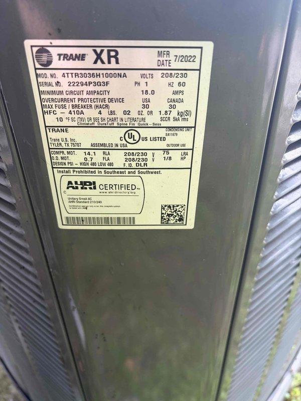 Responded to service call for non-operational air conditioning system. Upon arrival, performed diagnostic inspection of Trane XR model 4TTR3036H1000NA outdoor condensing unit (manufactured 7/2022) and inspected indoor air handler components. Documented equipment specifications and verified proper filter installation in air handling system. Unit has scheduled maintenance appointment on the 30th; customer requested early arrival for upcoming service visit.