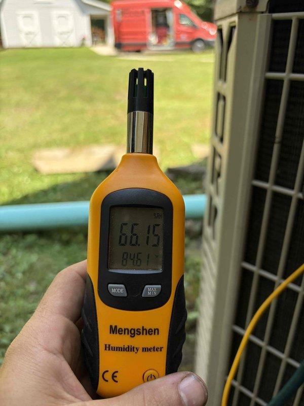 Returned to complete sold repair work on residential air conditioning system. Performed diagnostic testing using digital multimeter with leads connected to condenser unit to verify electrical readings and system performance. Measured ambient humidity levels at 66.15% using digital humidity meter during service call. Replaced defective capacitor with new component and conducted final system testing to ensure proper operation of outdoor condensing unit.