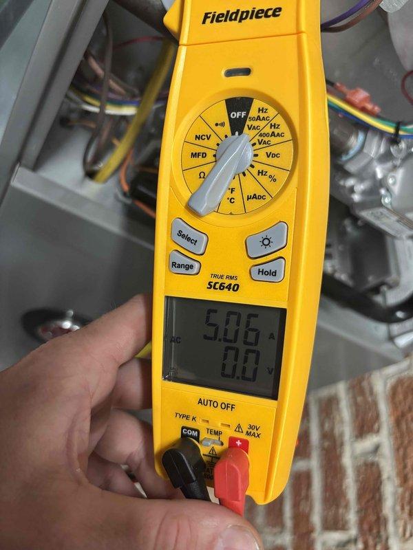 Completed cooling maintenance club visit on air handler system. Performed comprehensive electrical diagnostics using digital multimeter, measuring voltage and amperage readings to verify proper system operation. All electrical components tested within normal operating parameters. System operating efficiently with no issues found during inspection.