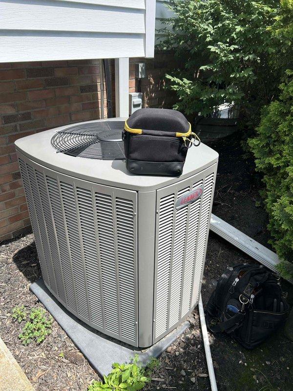 Completed HVAC club membership renewal and performed routine maintenance inspection on residential air handler and outdoor condensing unit. Documented equipment condition through photographic records showing condenser unit positioned on concrete pad with proper clearances, and interior air handler components including refrigerant lines, electrical connections, and ductwork in serviceable condition.