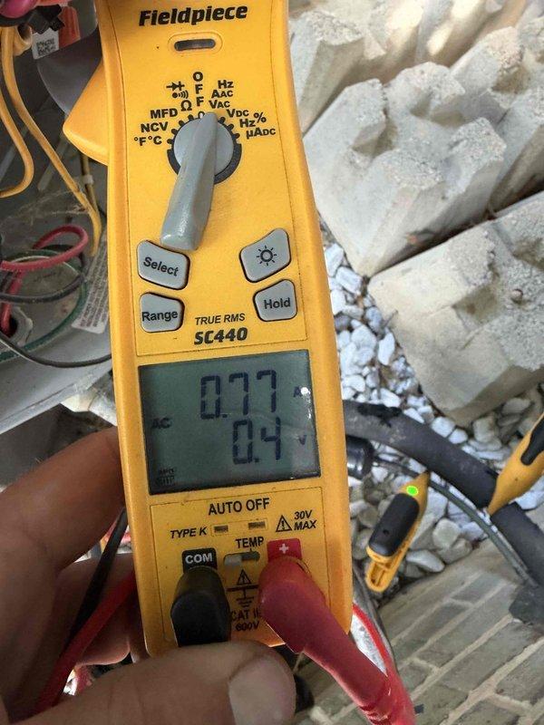 Responded to no cooling complaint on residential air conditioning system. Upon arrival, performed diagnostic testing of outdoor condenser unit using multimeter to check electrical values and system operation. Customer has maintenance appointment scheduled for Wednesday to address the issue and complete full system evaluation.