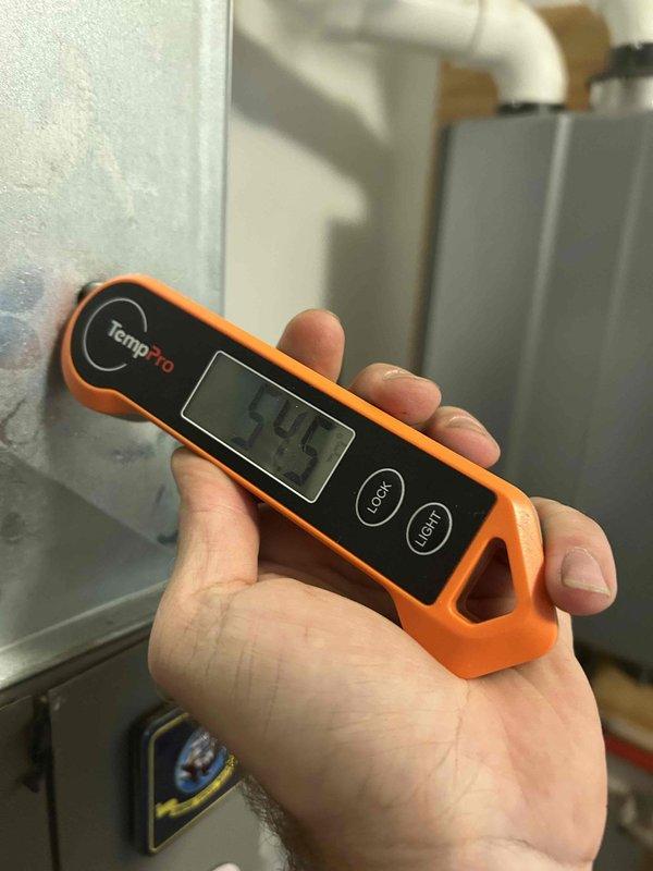 Completed cooling maintenance for club member on air handler system. Performed diagnostic temperature measurements showing supply air at 59.3°F and conducted electrical testing using clamp meter, verifying capacitor function and system amperage at 0.05 reading. Inspected electrical connections, wiring harness, and all internal components with no issues found; system operating within normal parameters.