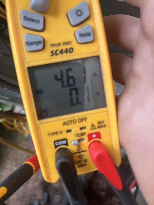 Responded to no airflow issue in main bedroom following recent installation. Verified system electrical parameters with clamp meter, confirming proper voltage at 305.6V and measuring amp draw to ensure equipment operating within specifications. Inspected air handler and ductwork connections related to affected bedroom supply run. System tested and airflow restored to main bedroom register.