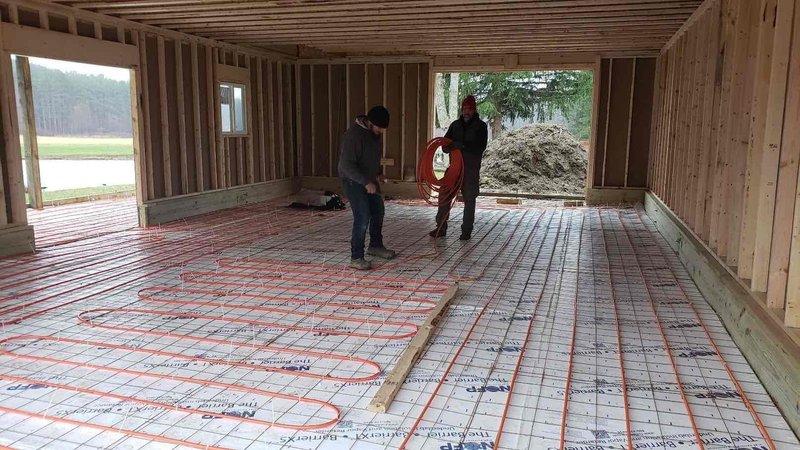Conducted site assessment and provided estimate for installation of new boiler system to serve existing five-year-old radiant floor heating in a two-story barn structure measuring twenty-four by forty feet. Inspected radiant floor tubing layout and confirmed system has been installed but never connected to a heat source. Documented existing conditions including radiant tubing configuration and preparation requirements for new hydronic boiler installation.