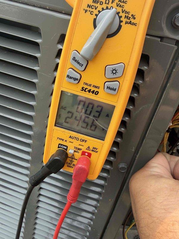 Completed cooling maintenance for club member. Performed electrical diagnostics using digital multimeter to verify proper voltage and amperage readings at the outdoor condensing unit. Inspected and tested dual-element fuse assembly, confirming both fuses were intact and providing adequate circuit protection. All electrical components operating within normal parameters.