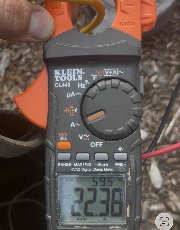 Responded to service call for well pump pressure control replacement. Customer had pre-purchased replacement pressure gauge and pressure switch components. Performed installation of new pressure gauge and pressure switch on residential well pump system. Verified proper electrical connections and tested system operation. Measured pump amperage draw at 22.38 amps AC using digital clamp meter to confirm normal operating parameters. System tested and operating within specifications upon completion.