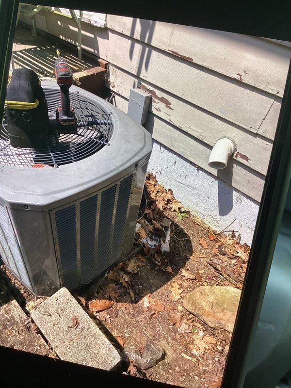 # HVAC Service Report

Responded to no-cool complaint on 15-year-old Trane XR13 condensing unit. Upon arrival, found outdoor unit heavily contaminated with leaves, organic debris, and dirt accumulation around base and inside cabinet. Concrete pad showed significant deterioration with cracks and crumbling edges.

Opened condensing unit and discovered extensive debris infiltration within electrical compartment, including dried leaves and plant matter surrounding capacitor and electrical components. Removed and disposed of all organic material from interior cabinet and around unit perimeter. Cleaned condenser coil surfaces and verified proper airflow through unit.

Inspected electrical components including capacitor, contactor, and wiring connections. Checked refrigerant lines and insulation integrity. Cleared area around unit to ensure adequate clearance for proper operation and future maintenance access. System operational at time of departure.
