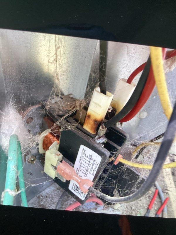 Responded to no cooling call on residential air conditioning system blowing lukewarm air. Upon arrival, found extensive contamination and debris accumulation throughout the electrical compartment, including fibrous material and dust buildup around the dual-run capacitor and wiring connections. Inspected capacitor connections and found deteriorated conditions with visible staining around terminal points. Cleaned electrical compartment, removed accumulated debris, and verified proper capacitor operation and wire connections. System restored to normal cooling operation.