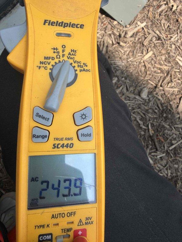Completed cooling maintenance on air handler unit as part of preventive maintenance membership visit. Performed comprehensive electrical diagnostics using digital multimeter, recording voltage readings of 379V and 243.5V AC to verify proper power supply and system operation. All measurements fell within normal operating parameters, confirming electrical components functioning correctly. Unit inspected, tested, and left in proper working condition.