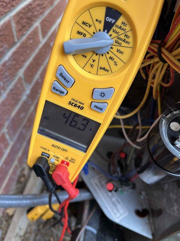 Completed scheduled prepaid club maintenance visit on three-year-old air conditioning system with no reported issues or symptoms. Performed comprehensive cooling system inspection including electrical testing with digital multimeter, verified capacitor readings at 46.3 MFD and system voltage at 00.5, confirming all components operating within manufacturer specifications.
