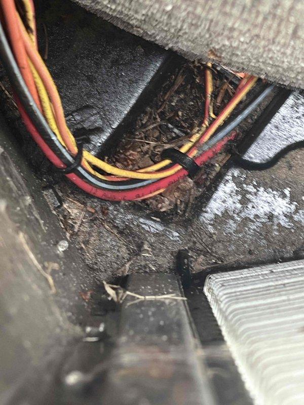 Responded to service call for potential refrigerant charge on a two-year-old air conditioning system. Upon arrival, performed visual inspection of outdoor condensing unit and accessed internal components to assess system condition. Found significant deterioration of interior surfaces with extensive coating failure, moisture damage, and corrosion present on metal panels and blower housing. Observed white residue deposits indicating possible moisture intrusion or chemical breakdown. Inspected electrical connections and wiring routing through equipment housing—all connections appeared intact and properly secured despite environmental degradation of surrounding surfaces. The advanced deterioration level is unusual for a unit of this age and suggests ongoing moisture exposure or installation issues requiring further investigation. Documented equipment condition with photographic evidence showing corroded components, debris accumulation, and compromised protective coatings. Recommend compreh