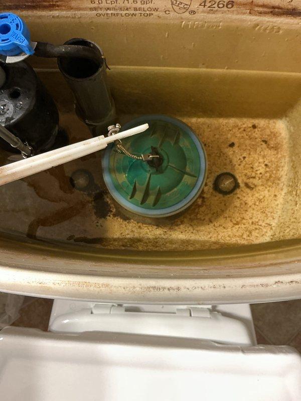 Completed comprehensive plumbing maintenance membership visit, including inspection of toilet tank components and HVAC system evaluation. Toilet tank inspection revealed aging flapper valve assembly, fill valve mechanism, and mineral deposit accumulation on interior surfaces requiring monitoring. HVAC unit examination identified excessive frost buildup on refrigerant line and heavily soiled condensate drain pan with significant debris accumulation, indicating potential drainage issues or low refrigerant charge requiring further attention.