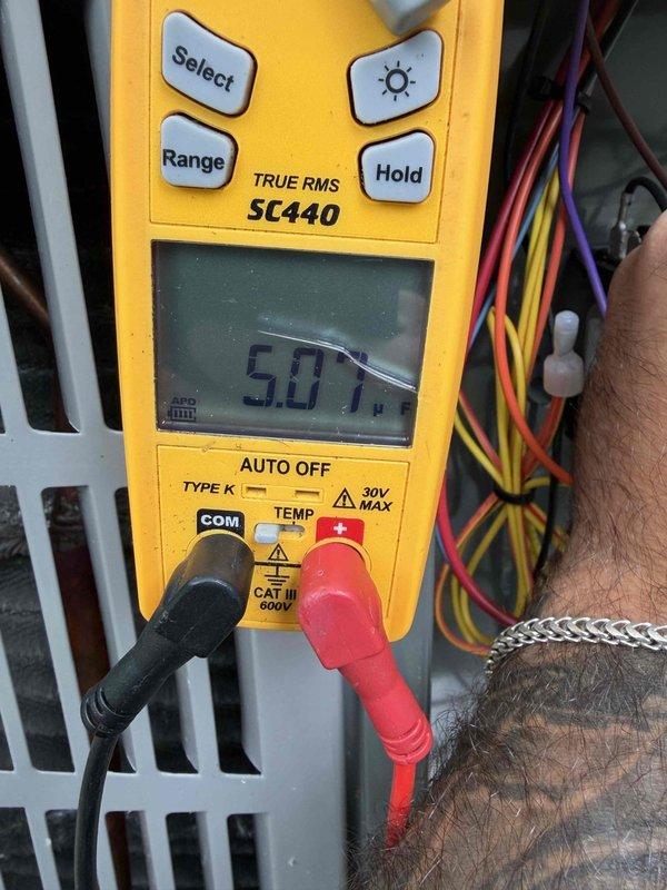 Completed routine cooling maintenance for club member. Inspected air handler unit and confirmed 16x25x1 filter specifications, checked system components and insulation integrity. Performed electrical diagnostics using digital multimeter, verified voltage readings at 5.0V on control circuits to ensure proper system operation.