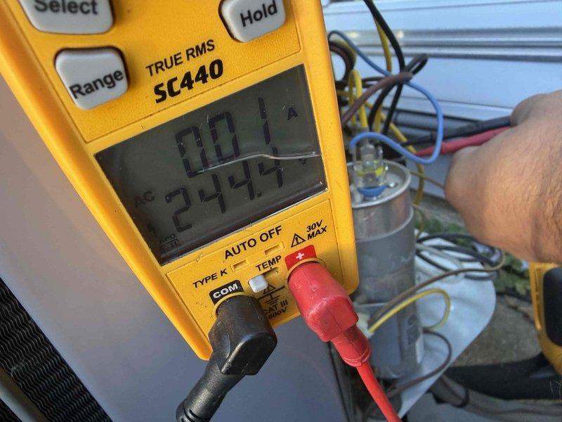 Completed prepaid cooling maintenance visit on air handler system. Performed system diagnostics including voltage testing, which confirmed proper 24.4V control circuit operation. Inspected and replaced air filter with new pleated media filter to ensure optimal airflow and system efficiency.