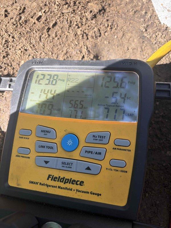 Returned to property to reconnect and charge air conditioning system that had been disconnected since May per previous estimate. Successfully reconnected refrigerant lines, evacuated system to proper vacuum levels, and charged unit with appropriate refrigerant using manifold gauges and refrigerant scale to manufacturer specifications.