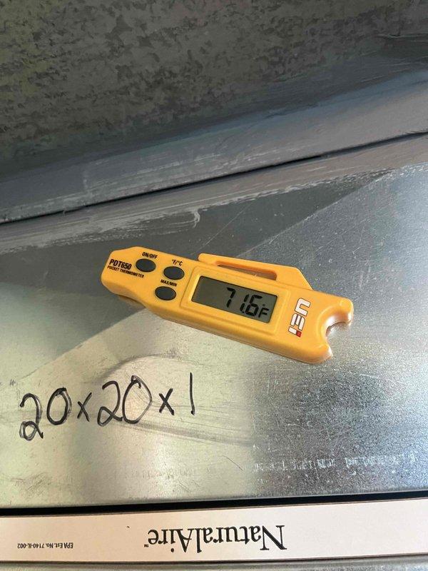 Performed routine cooling maintenance and system inspection. Verified system operation and documented temperature readings at 71.8°F on supply duct using calibrated digital thermometer. Inspected blower assembly and centrifugal fan wheel, confirming proper motor operation and electrical connections. Verified 20x20x1 filter size and checked overall system cleanliness. All components found in good working condition with no immediate service needs identified.
