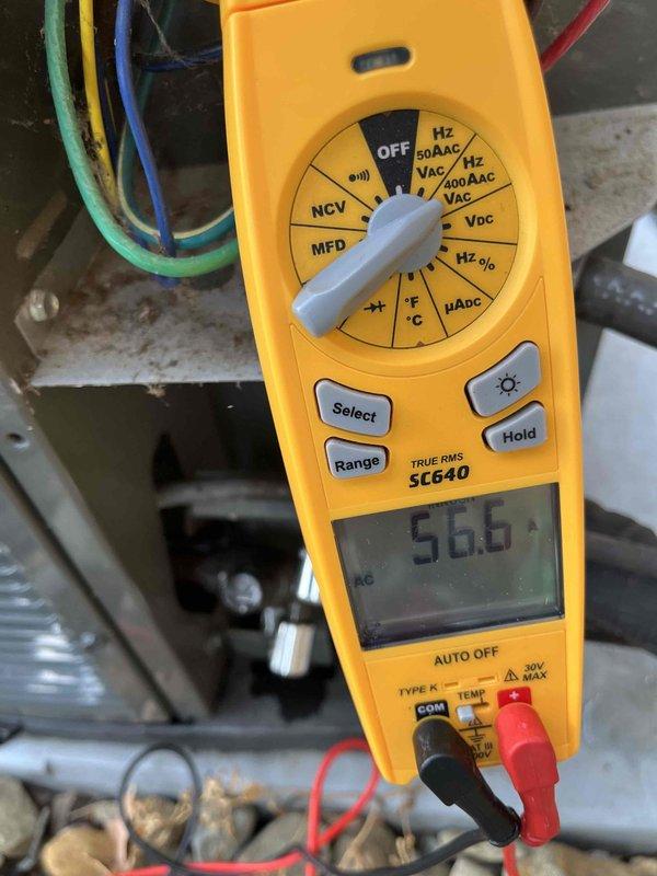 Completed cooling maintenance club member visit on air handler system. Performed standard preventive maintenance inspection and testing procedures. Verified system operation with multimeter readings showing 56.6 volts, confirming proper electrical performance. Conducted comprehensive system diagnostics and amperage calculations to ensure equipment operating within manufacturer specifications. All components inspected and found functioning properly. System left in good working condition.